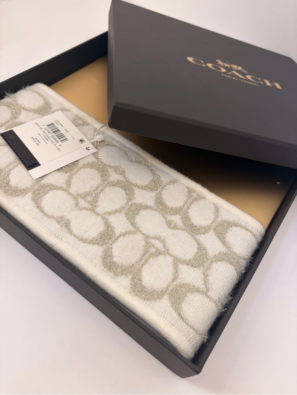 Coach Signature Knit Headband in Cream and Metallic